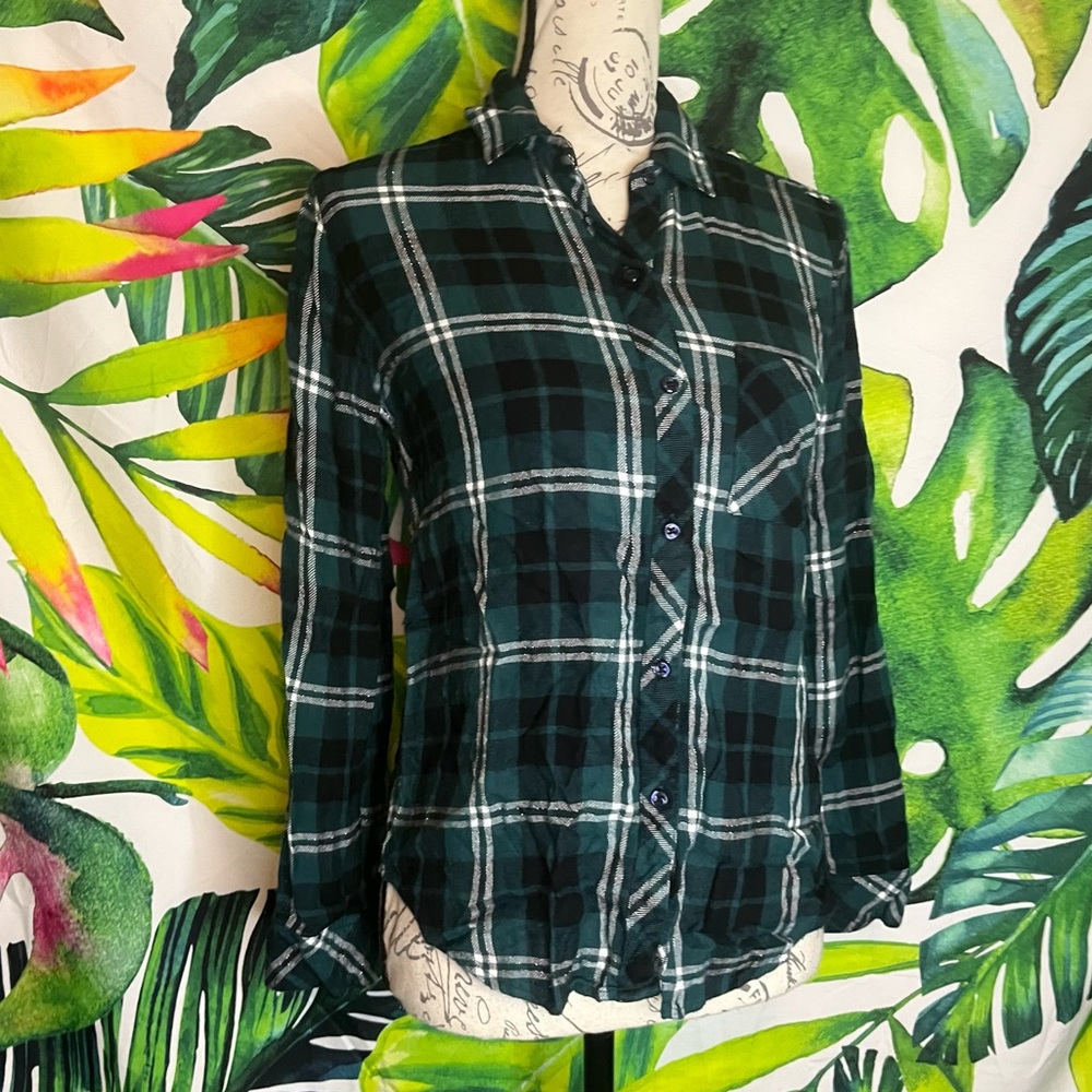 Rails XS Green Black Silver Plaid Button Down Slytherin Casual School Shirt